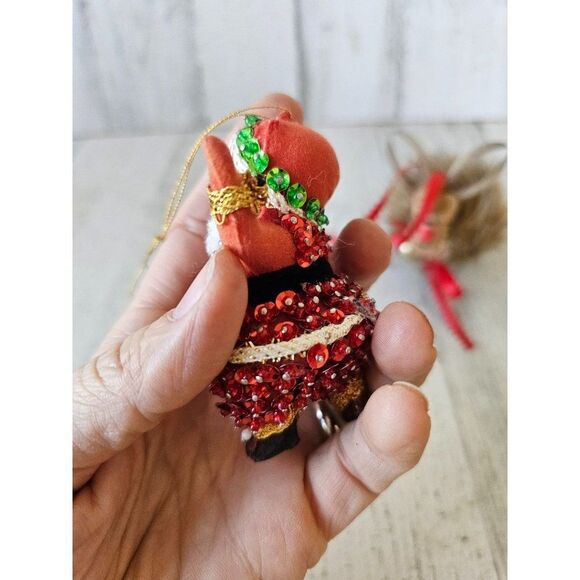 Wooden reindeer sequin beaded Santa vintage ornament Xmas set - Picture 5 of 13